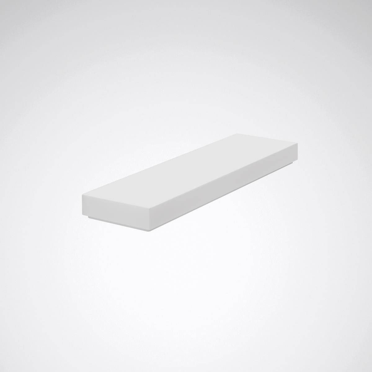 Een eenvoudige, witte rechthoekige tafel of rek zweeft centraal op een grijze achtergrond. Minimalistisch ontwerp zonder zichtbare details.