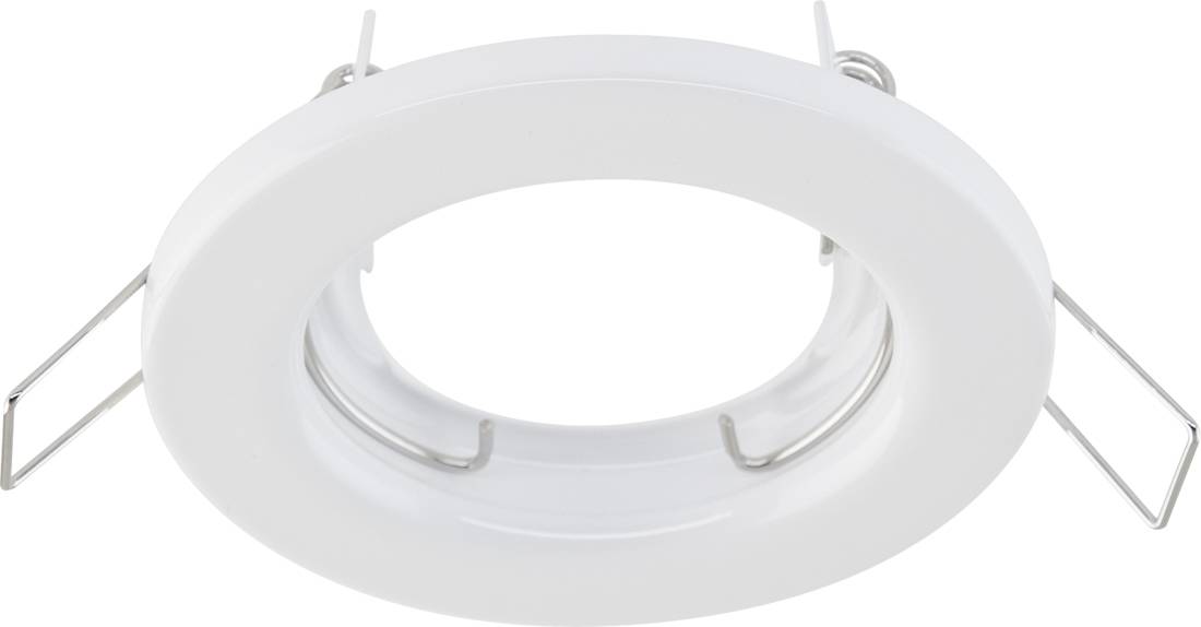Witte inbouwspotlamp met LED en veerclips voor montage in het plafond.