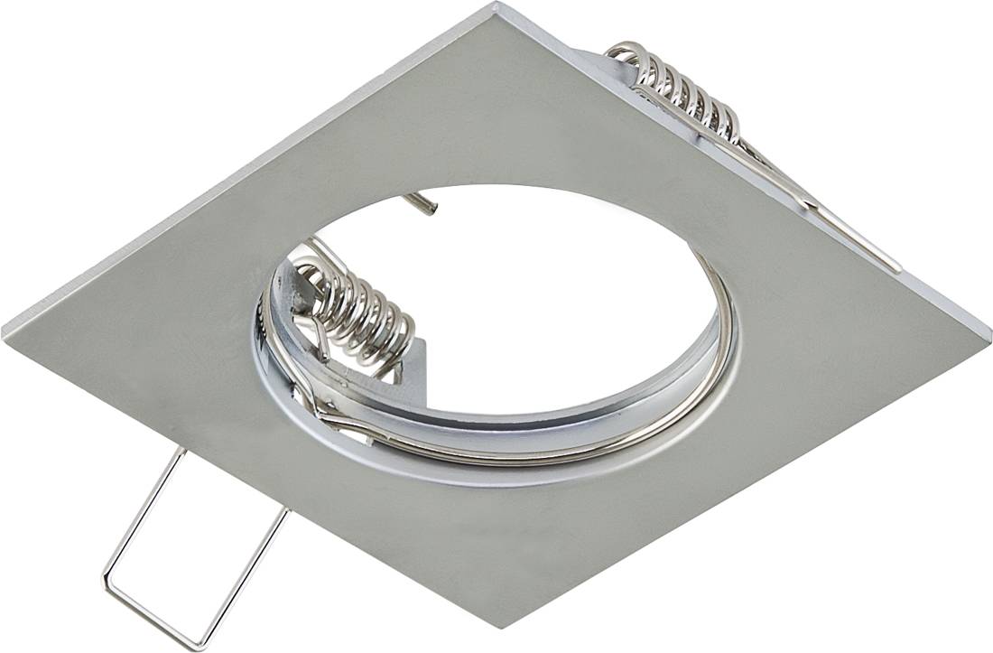 Vierkante inbouwlamp voor het plafond met ronde opening, weergegeven met veerclips voor installatie op een witte achtergrond.