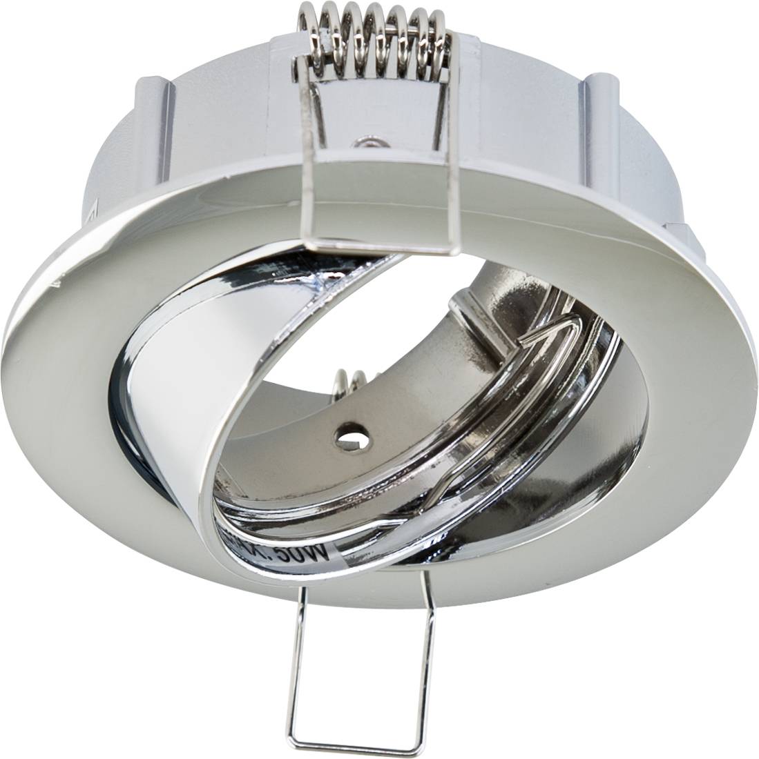 Chrome inbouwplafondlamp met veervastclipmontage en ronde trimring.