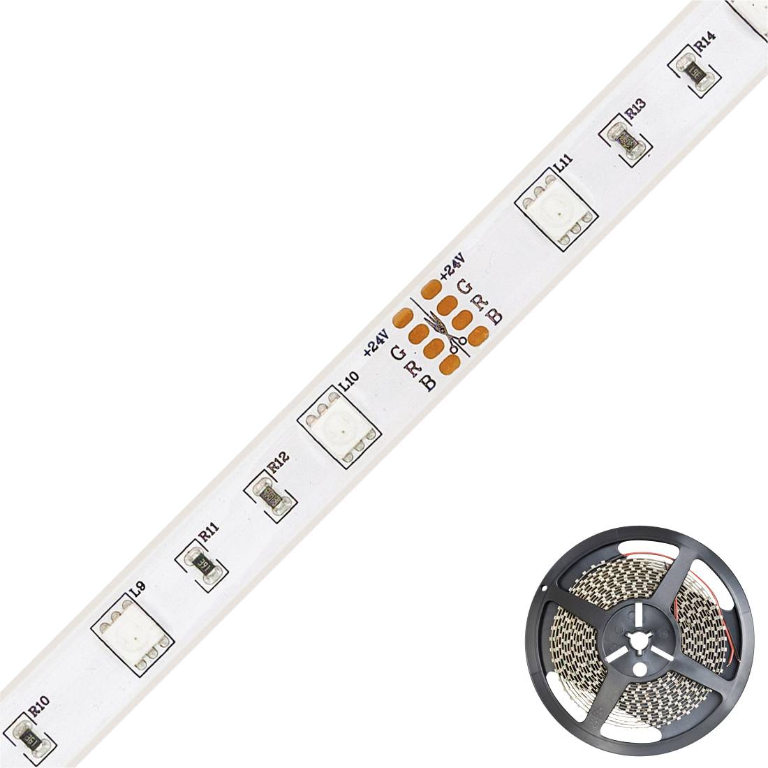 LED-lichtbalk met RGB-kleurbesturing naast een opgerolde LED-strip. Ideaal voor flexibele verlichtingsoplossingen.