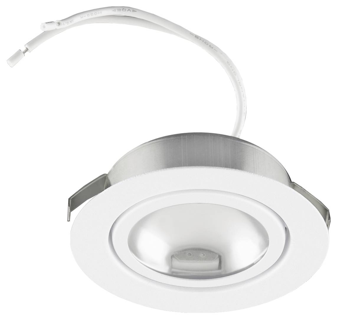 Wit ingebouwde LED-plafondspot met aangesloten elektrische kabel en metalen veerklemmen voor installatie
