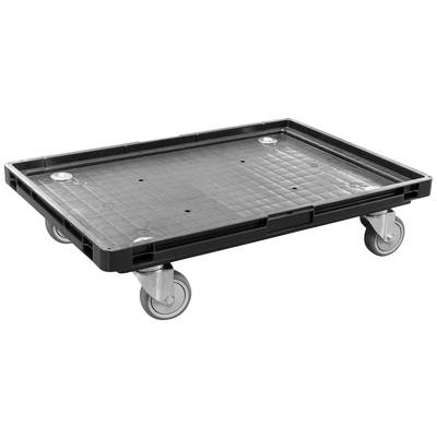Zwarte transportroller met vier draaibare wielen. Rechthoekig platform met verhoogde rand voor veilig transport van goederen.