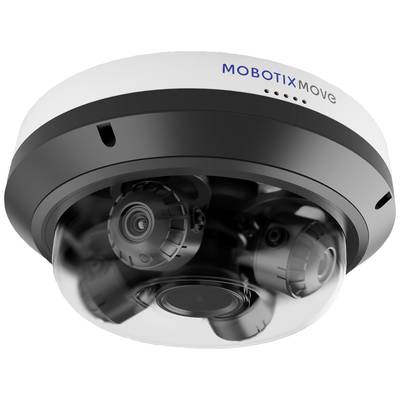 Mobotix bewakingscamera, model 'Move', toont een bolronde camera met meerdere lenzen en een microfoon voor beveiligingsdoeleinden.