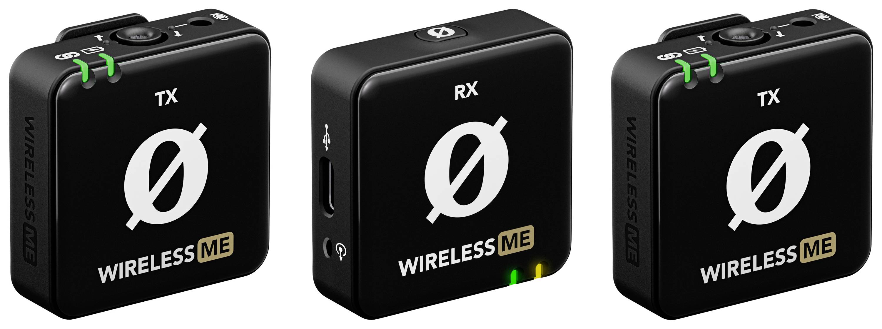 Draadloos microfoonsysteem met drie eenheden, twee gemarkeerd met 'TX', één met 'RX'. USB-aansluiting en controlelampjes zichtbaar.