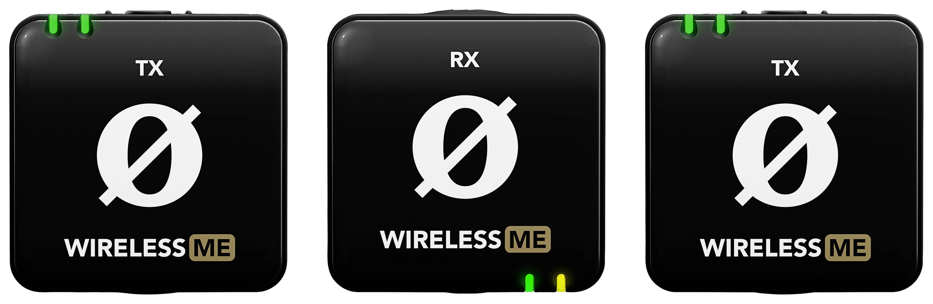 Drie zwarte draadloze audioapparaten met de labels 'TX', 'RX' en 'WIRELESS ME'. 'TX' en 'RX' tonen statuslampjes.
