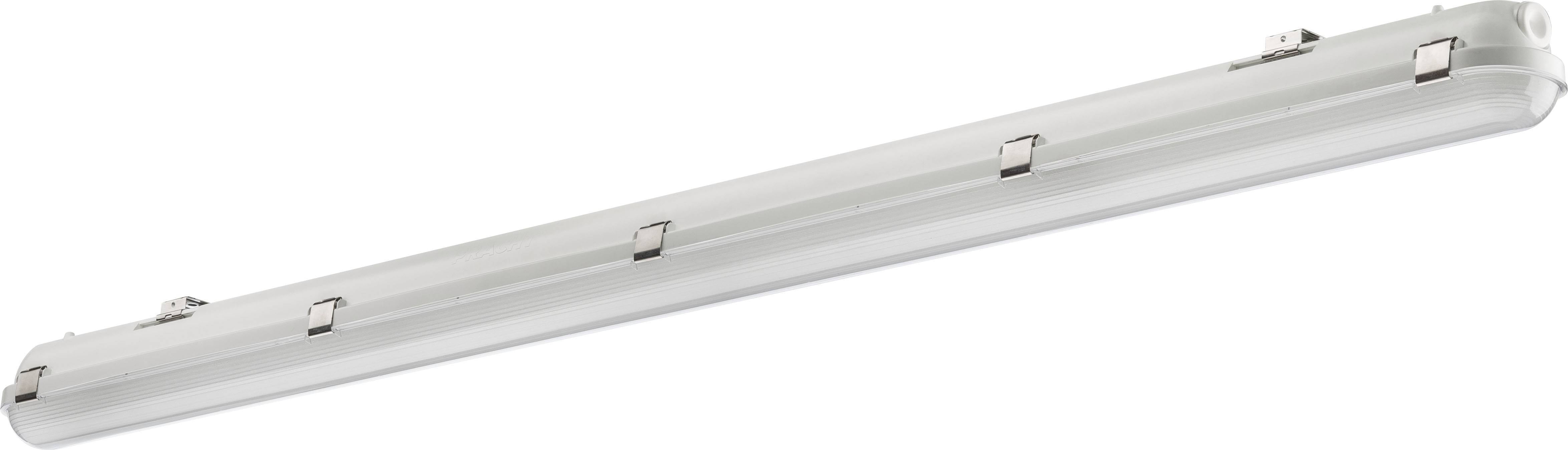 Lange, rechthoekige plafondlamp met transparente behuizing en metalen bevestigingen, geschikt voor binnenverlichting.
