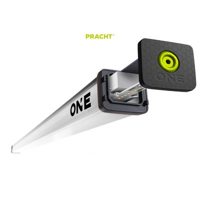 LED-lamp met de tekst 'ONE' aan de zijkant. Het ontwerp toont een gedetailleerde weergave van de lamp met een open uiteinde.