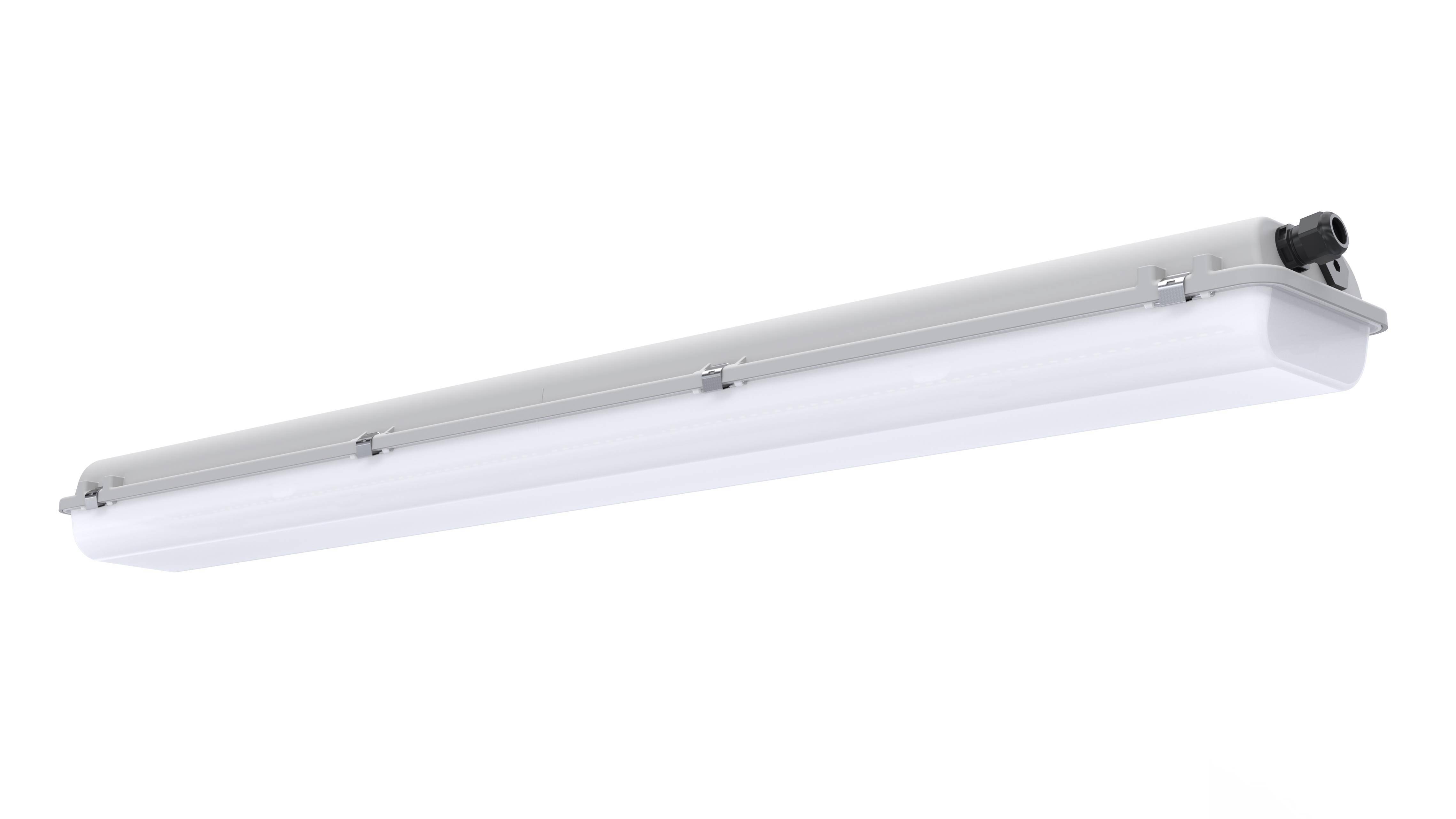 Een langwerpige LED-lamp in een wit, rechthoekig behuizing, geschikt voor plafondmontage in industriële of commerciële ruimtes.