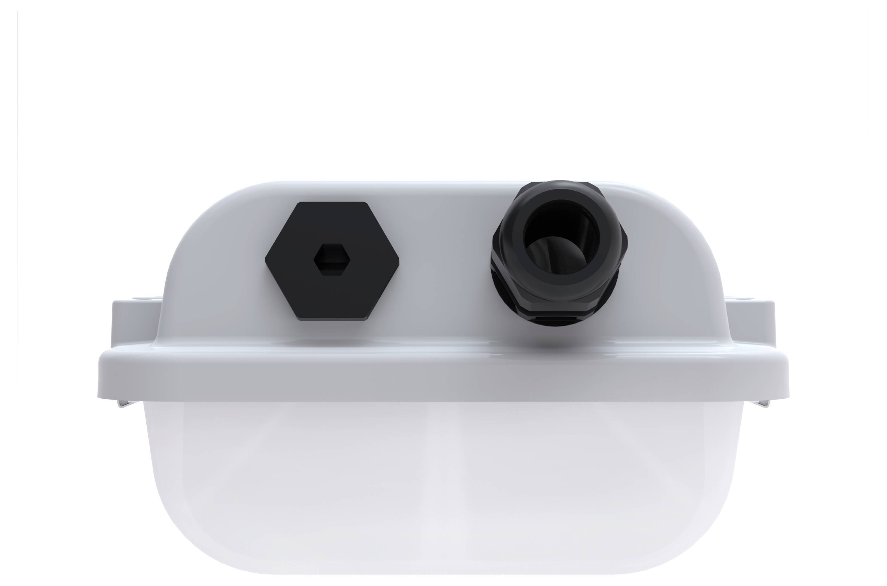 Een witte plastic container met een zwarte zeshoekige dop en een zwarte ronde tuit bovenop, gezien van voren.