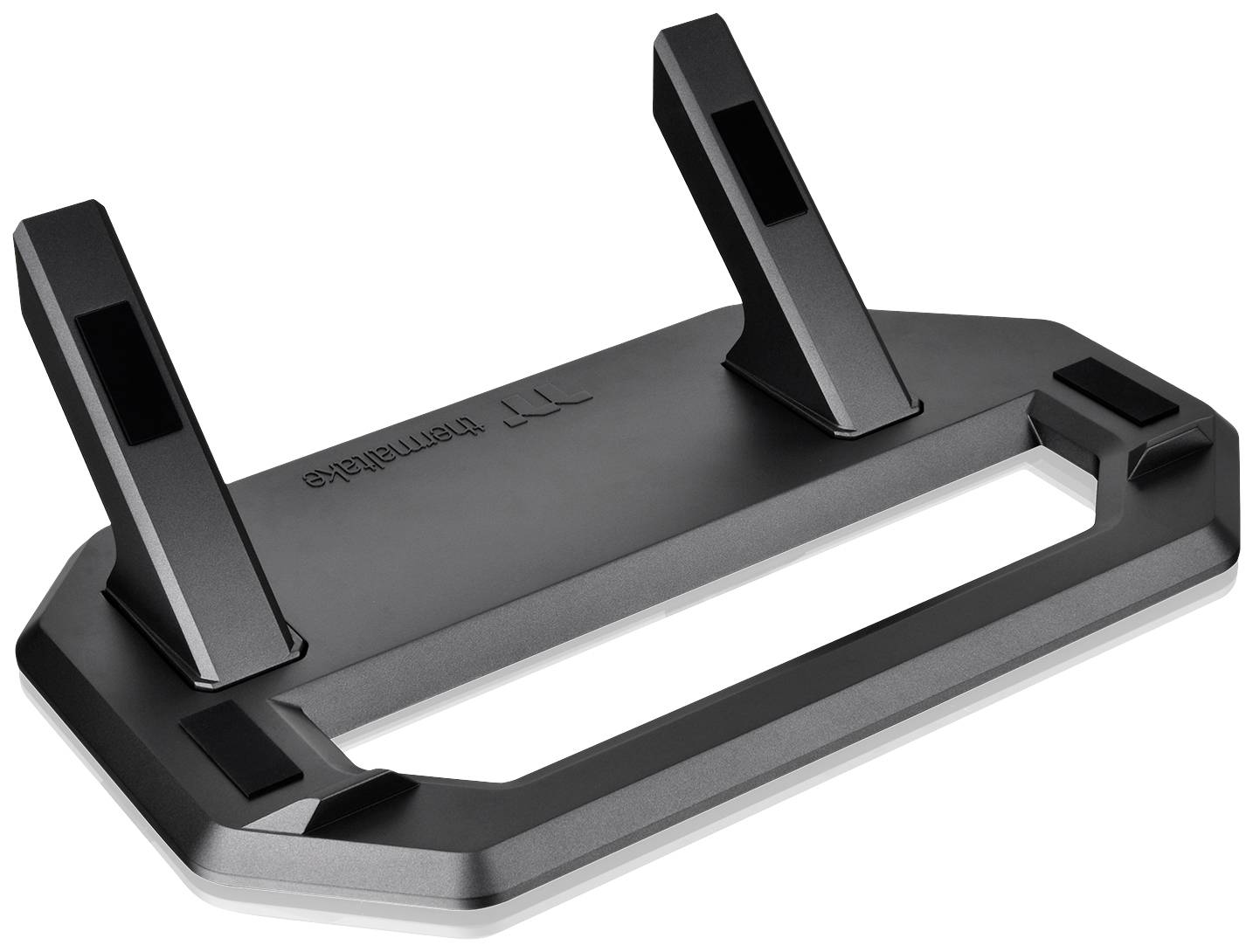 Een zwarte computerstandaard met twee verticale beugels, geschikt voor horizontale plaatsing van een computerbehuizing.