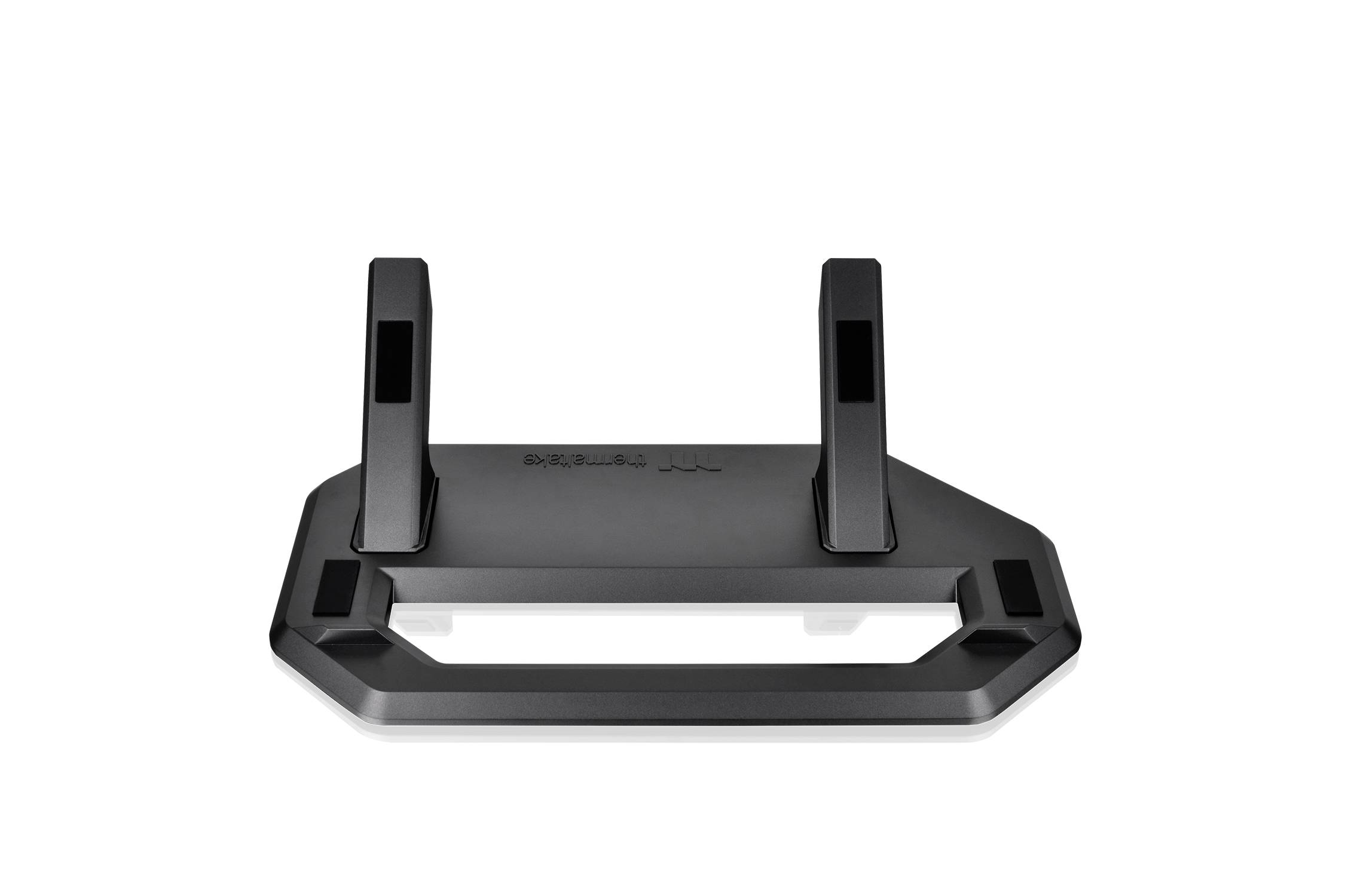 Een zwarte tabletstandaard met twee verstelbare armen en een stabiele basis. Geschikt voor verschillende apparaatformaten.