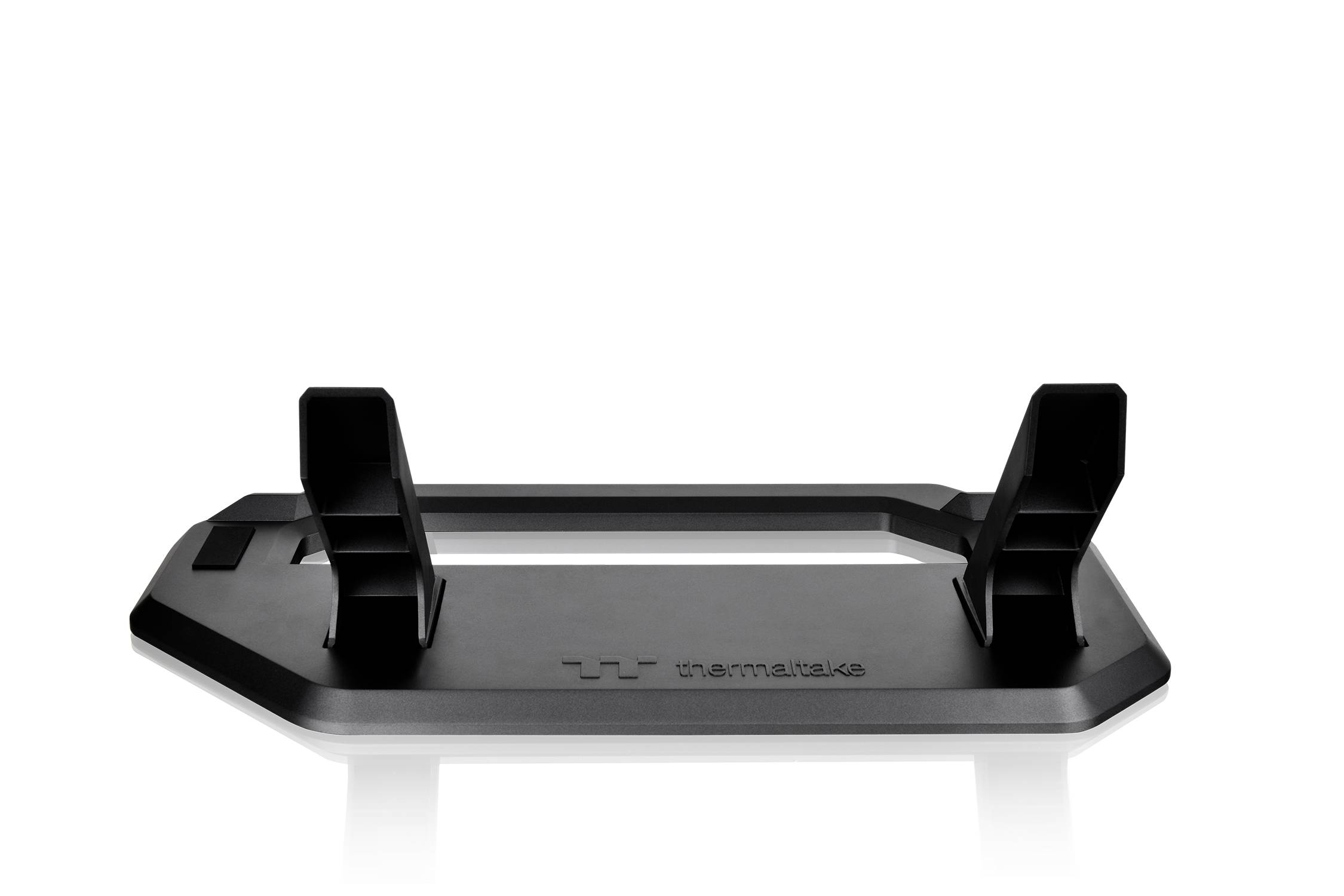 Zwarte kunststof standaard met twee verticale houders ter ondersteuning van een liggend voorwerp zoals een behuizing of monitor.