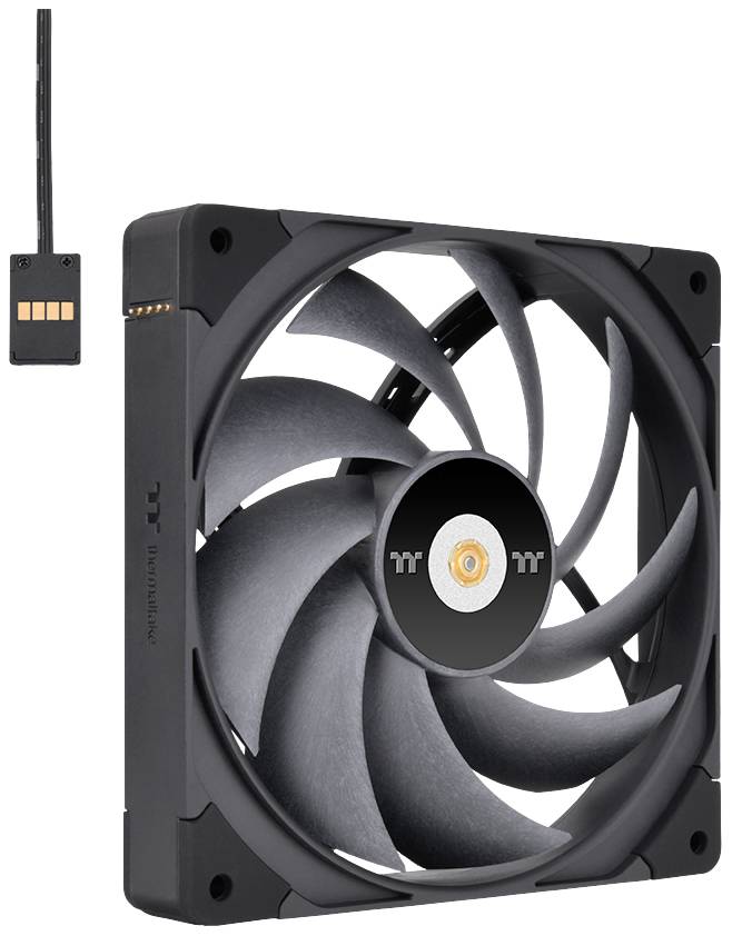 Een zwarte computerventilator met meerdere bladen, naast een kleiner rechthoekig elektronisch onderdeel.