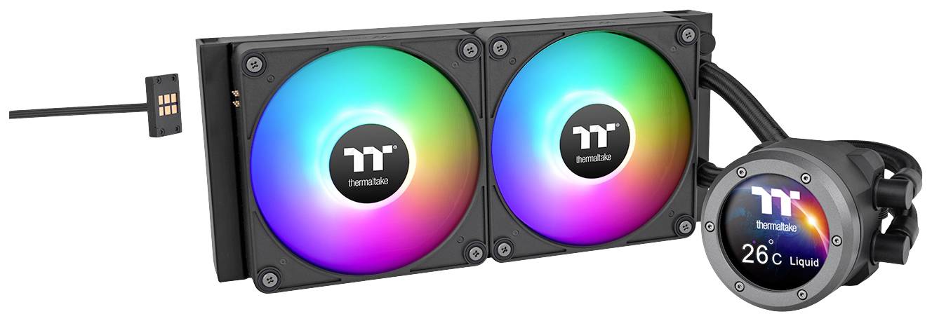 CPU-vloeistofkoeler met twee RGB-ventilatoren en een display dat '26°C Liquid' weergeeft. Logo van Thermaltake getoond.