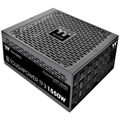 Zwart computervoedingsapparaat 'Thermaltake Toughpower TF1 1550W' met meerdere aansluitpunten en ventilatiesleuven.