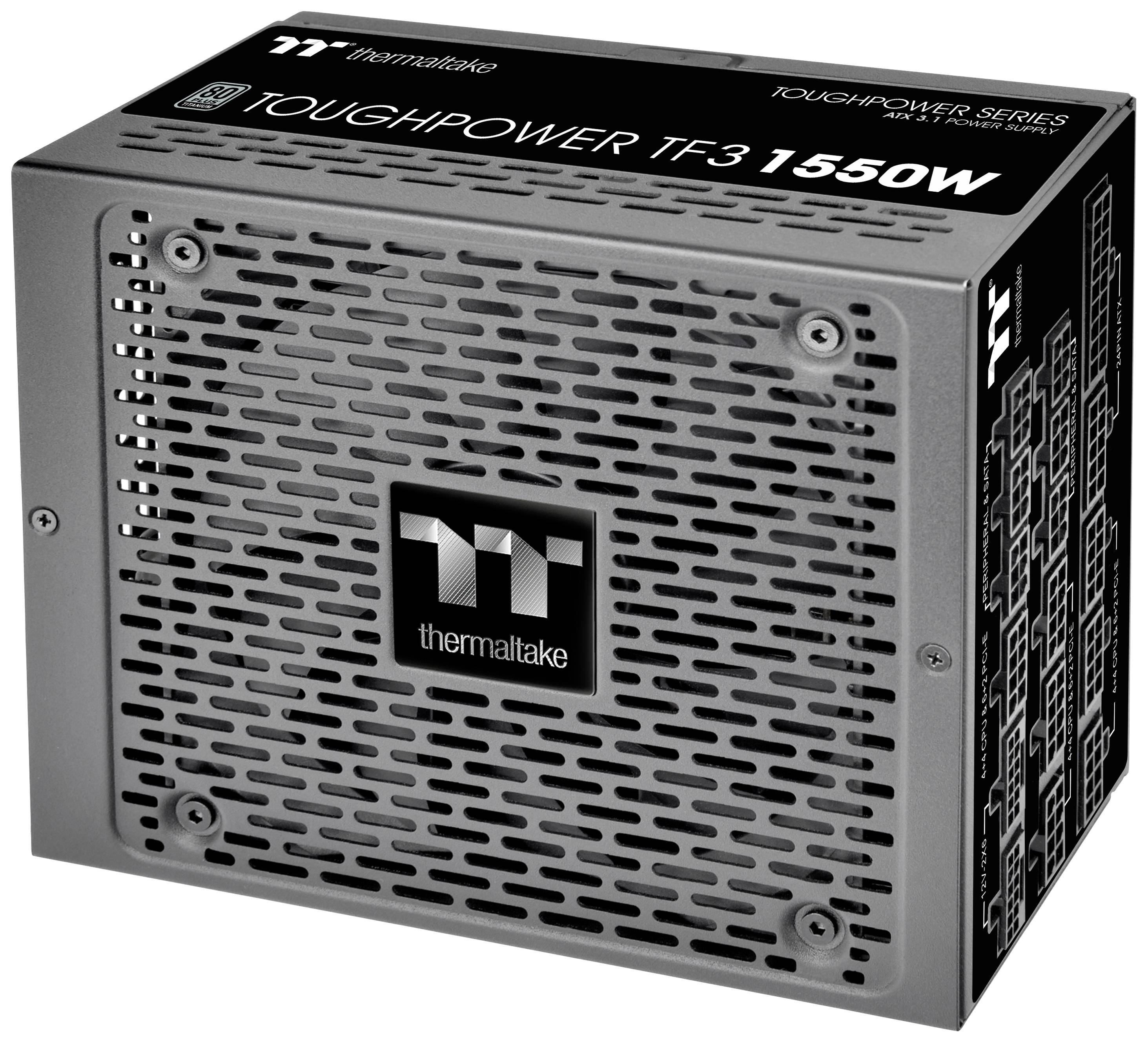 Voedingsapparaat van het merk Thermaltake, model Toughpower TF3, met een vermogen van 1550 Watt.