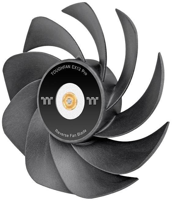 Een zwarte ventilator met afwisselend gebogen bladen, in het midden voorzien van de tekst 'TOUGHFAN EX12 Pro Reverse Fan Blade'.