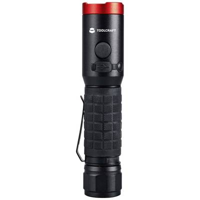 Een zwarte zaklamp met een rode kop en merklogo, geschikt voor gebruik bij slechte lichtomstandigheden.