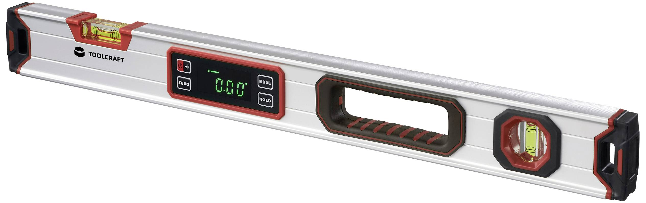 Elektronische waterpas met digitaal display, toont '0.00'. Zilverkluis met rode accenten en meerdere waterpassen.