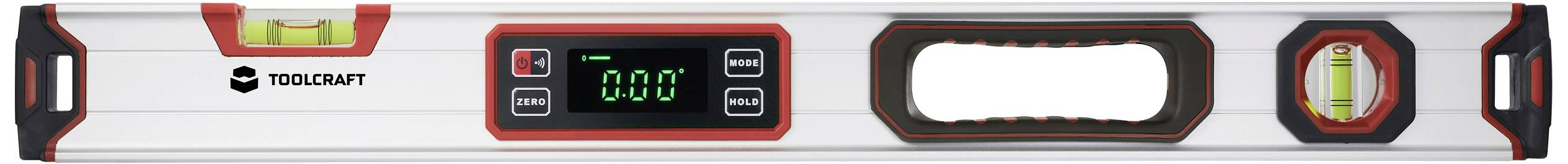 Digitale waterpas met LCD-display, libel-indicatie links en rechts, fabrikant 'Toolcraft'.