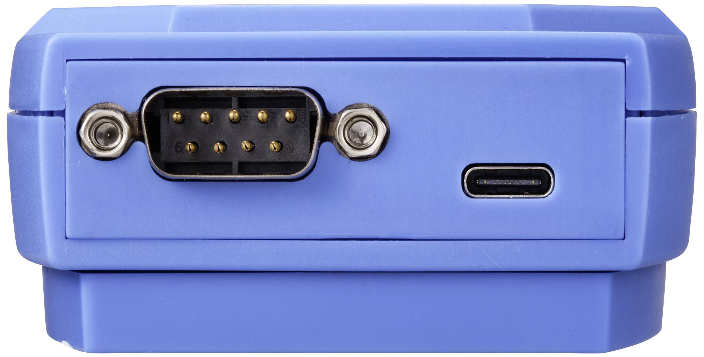 Een blauw elektronisch apparaat met een 9-polige seriële aansluiting en een USB-C-poort aan de achterkant.