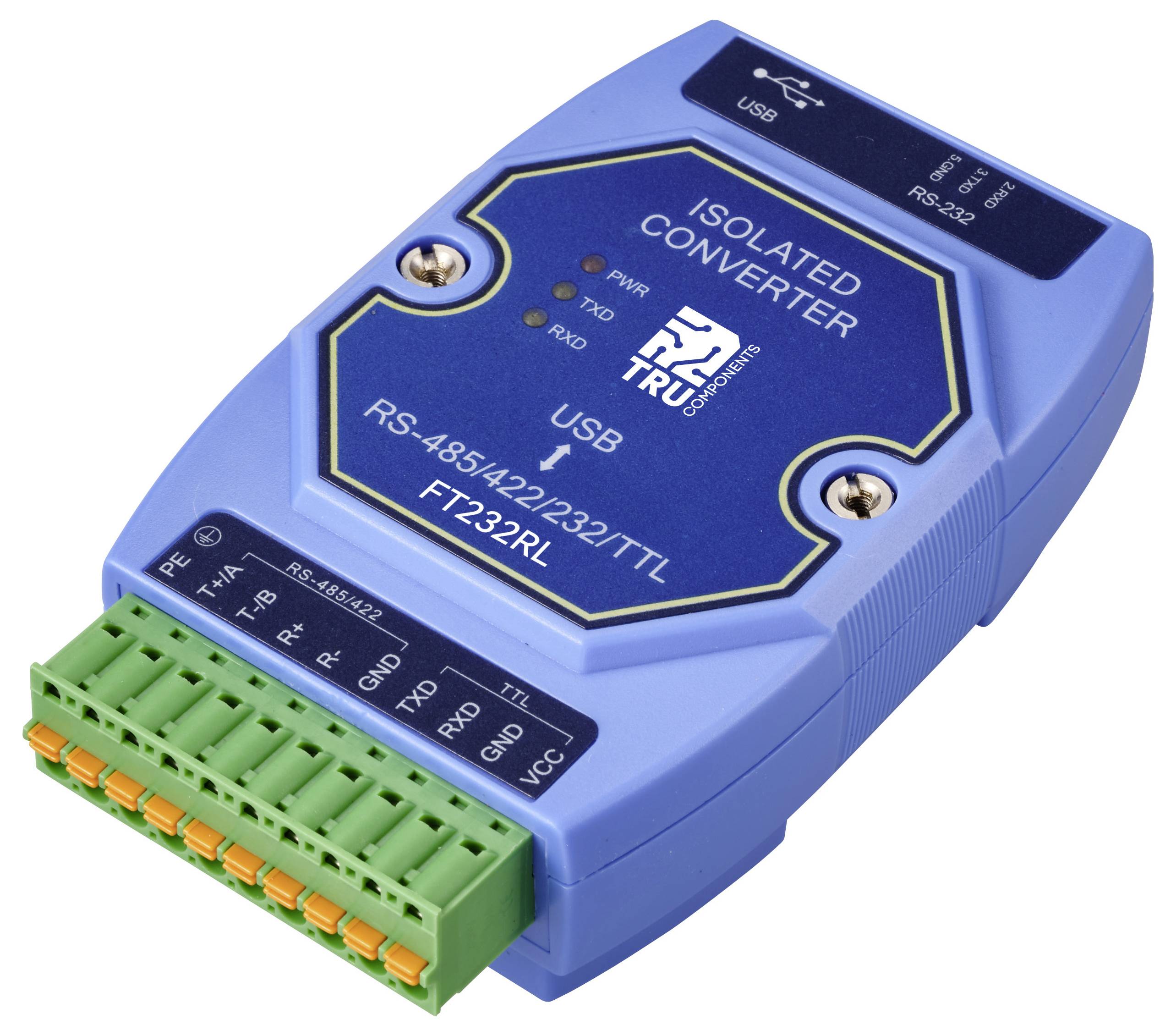Een blauwe geïsoleerde converter, model FT232RL, met USB- en RS-485/422/232/TTL-aansluitingen, gebruikt voor interfaceconversie.