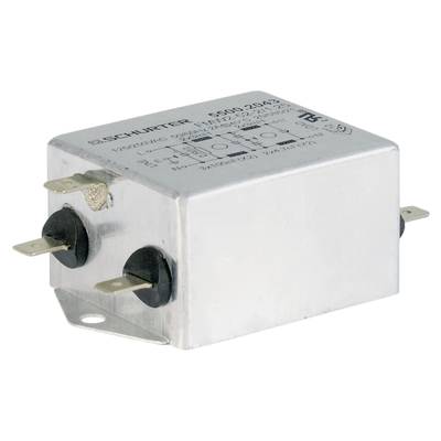 Een rechthoekige metalen doos met stekkercontacten aan de zijkant en een etiket met technische specificaties en merknaam erop.