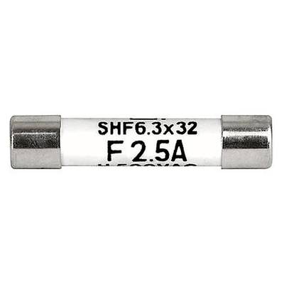 Een fijnzekering met opschrift 'F 2.5A SHF 6.3x32', met specificaties: 2,5 ampère, 6,3x32 mm, voor elektronische toepassingen.