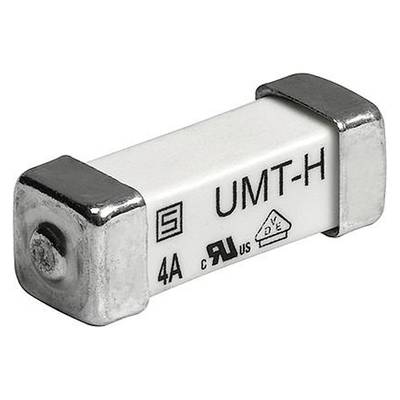 Een witte elektrische zekering met zilveren uiteinden, gemarkeerd met 'UMT-H 4A' en veiligheidscertificeringen, tegen een neutrale achtergrond.