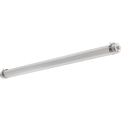 Witte LED-buislamp met cilindrische behuizing en twee metalen klemmen aan de uiteinden, voor bevestiging of montage.