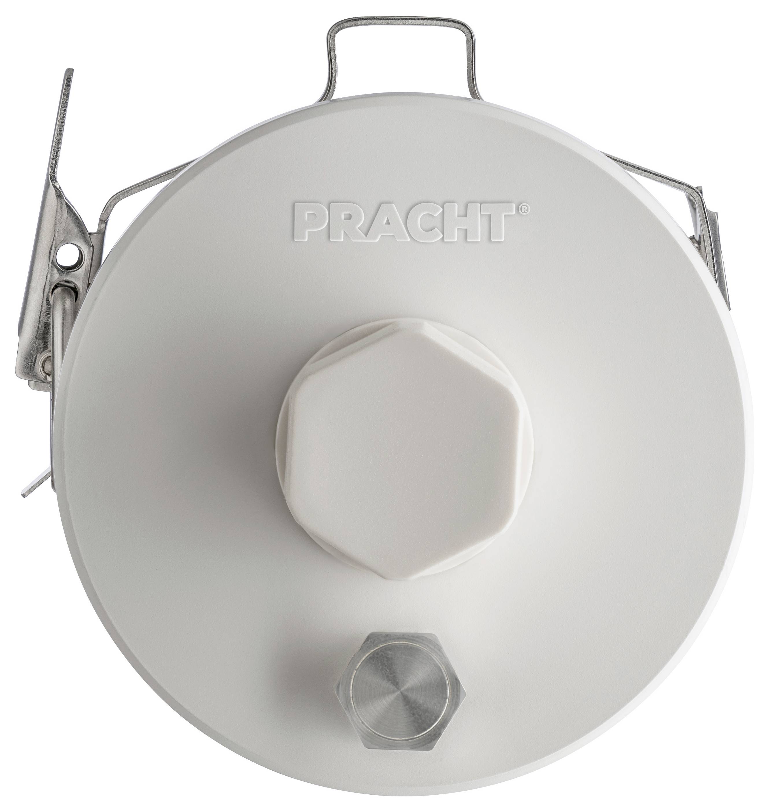 Rond, wit Pracht armatuur met een centrale zeskante bout en een klein metalen sluithaakje aan de zijkant, gezien van bovenaf.