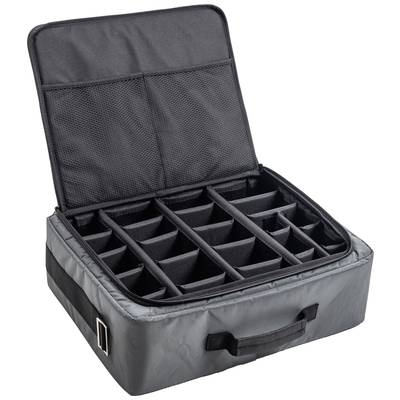 Grijze, geopende cameratas met meerdere gewatteerde vakken voor het organiseren van fotografie-accessoires.