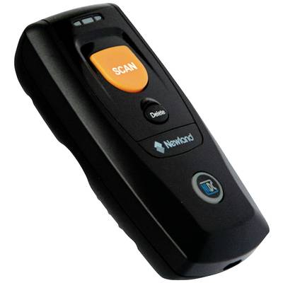 Een draagbare, zwarte barcodescanner met een oranje 'SCAN'-toets en extra zwarte toetsen eronder, gefotografeerd in rechtopstaand perspectief.