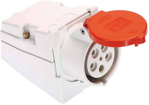 Rode CEE-contactdoos met beschermkap, geschikt voor industriële toepassingen, voor een veilige stroomverbinding van machines en apparatuur.