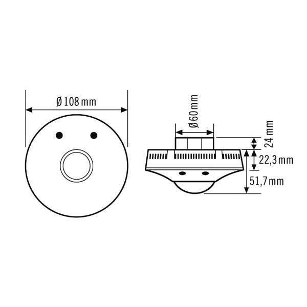 Technische tekening van een cirkel met diameteraanduidingen: 108 mm en 60 mm. Zijaanzicht toont hoogtematen van 24 mm, 22,3 mm en 51,7 mm.