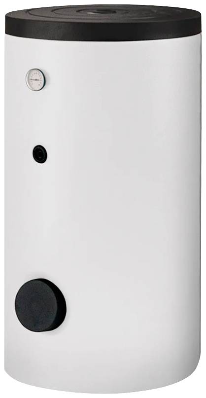 Witte cilindrische warmwaterboiler met drukweergave, temperatuurweergave en aansluitingen.
