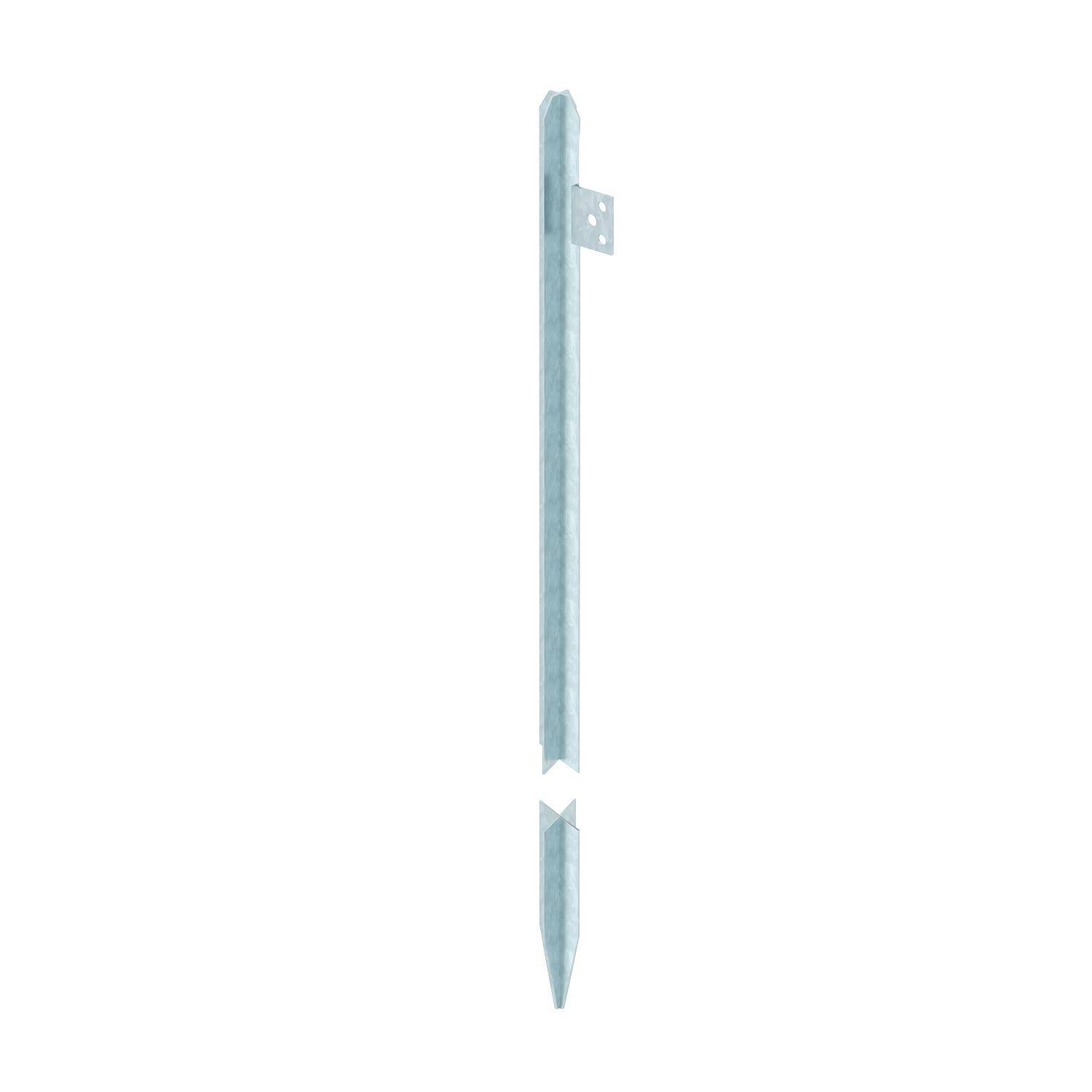 Een enkele, zilveren metalen paal met een puntig uiteinde en kleine gaatjes die mogelijk kunnen dienen voor bevestiging.