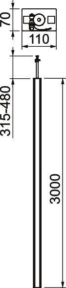 Een technische tekening toont een verticale staaf met een totale lengte van 3000 mm en een verstelbare hoogte van 315 tot 480 mm.