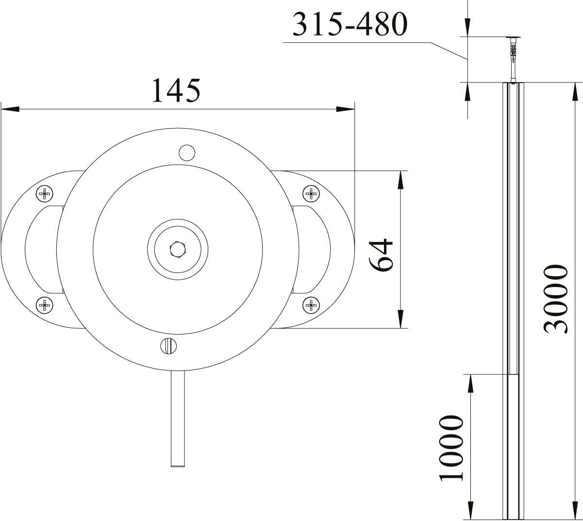 Technische tekening van een ronde plafondlamp met afmetingen: diameter 145 mm, hoogte verstelbaar van 315 tot 480 mm, totale lengte 3000 mm tot aan kabel.