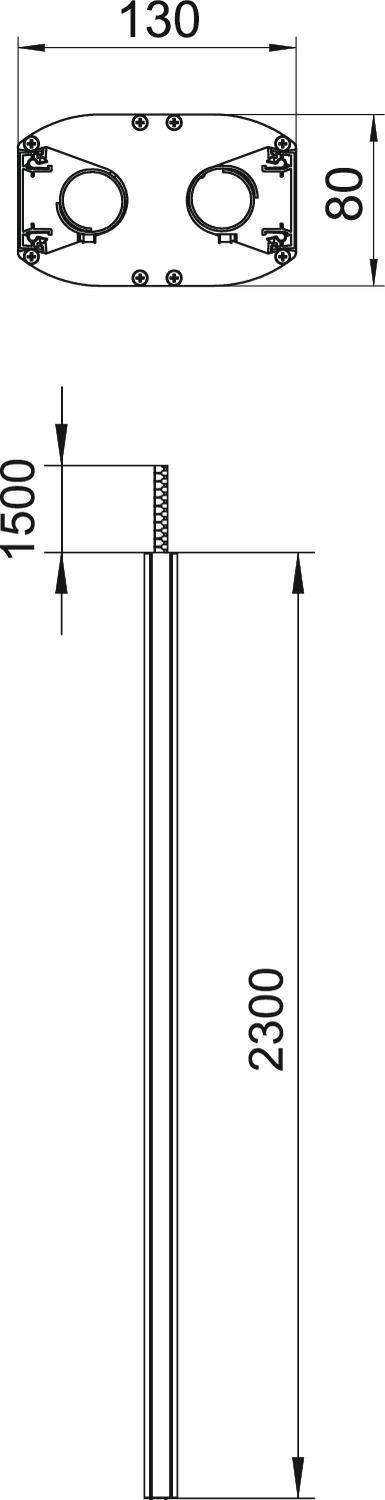 Technische tekening van een aluminiumprofiel met afmetingen: bovenste breedte 130 mm, hoogte 1500 mm, totale lengte 2300 mm, breedte 80 mm.