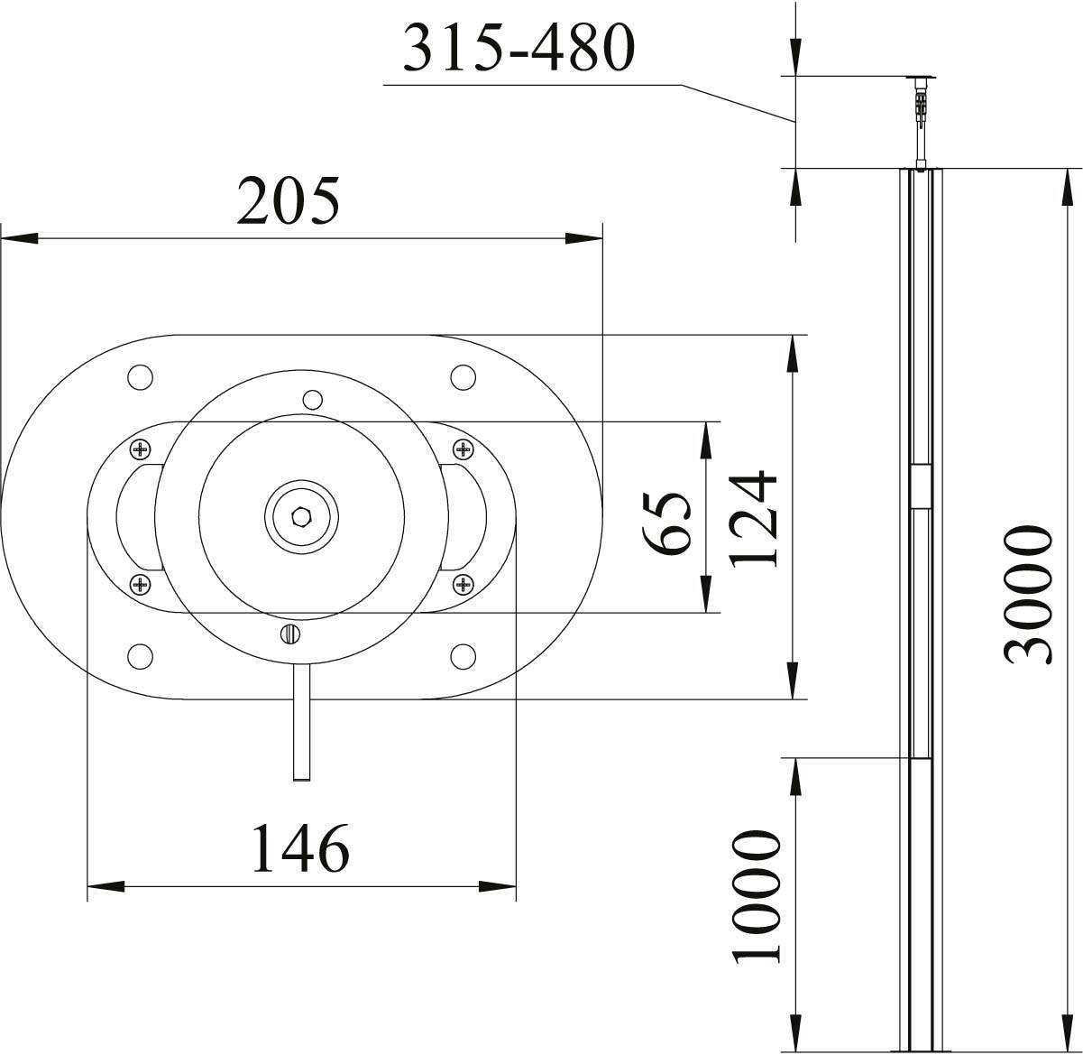 Technische tekening van een bevestigingseenheid met afmetingen: Hoogte 3000 mm, breedte 205 mm, diepte 146 mm, verstelbare lengte 315-480 mm.