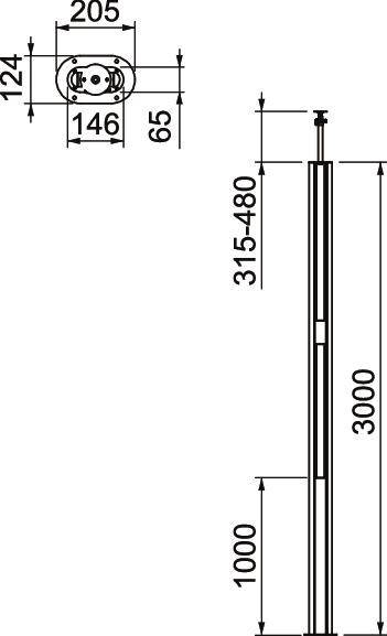 Technische tekening van een verticale staaf met afmetingen. Hoogte: 3000 mm, verstelbaar bereik 315-480 mm, breedte boven 205 mm.