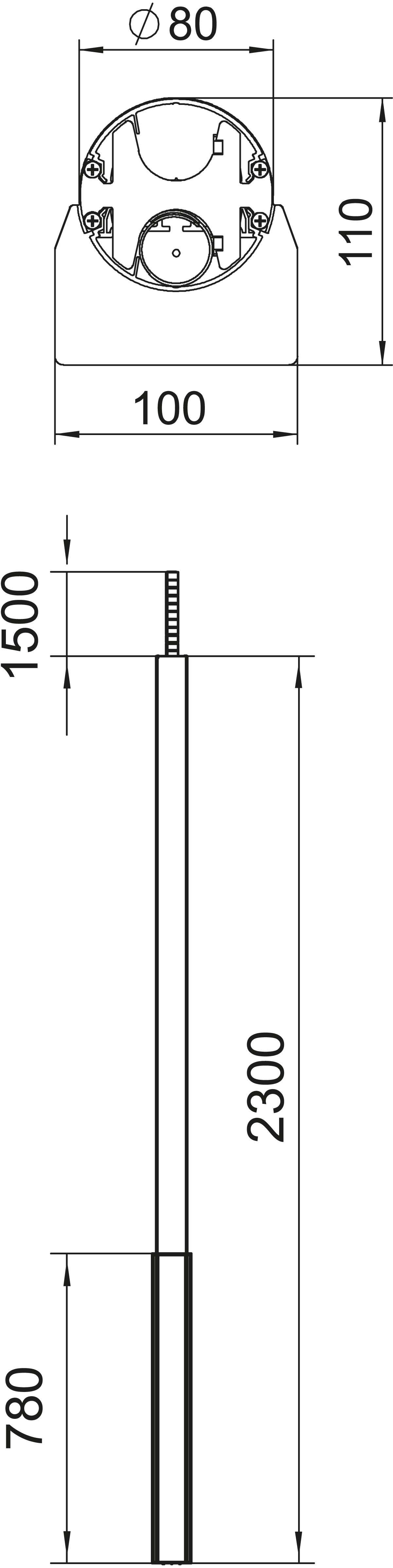 Technische tekening van een ronde paal met afmetingen: 80 mm diameter, 110 mm hoogte bovenaan, 100 mm breedte, 2300 mm lengte, 780 mm ondergronds.