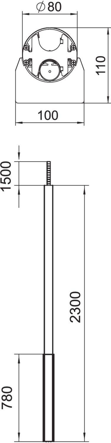Technische tekening van een paal: bovenaanzicht boven, zijaanzicht onder. Maten: 100 mm, 110 mm, 1500 mm, 2300 mm, 780 mm.