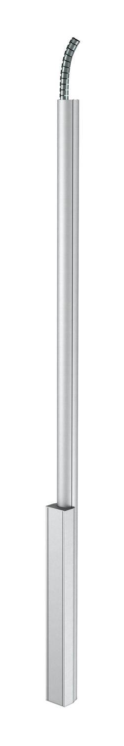 Een zilveren, langwerpige, metalen antenne met een flexibele punt.