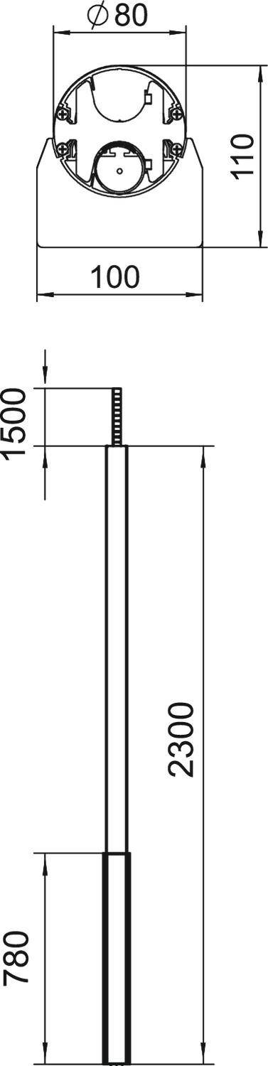 Technische tekening van een zuil. Bovenaanzicht: Diameter 80, Hoogte 110, Breedte 100. Totale hoogte: 2300, Sokkelhoogte 780, Totaal 3080.