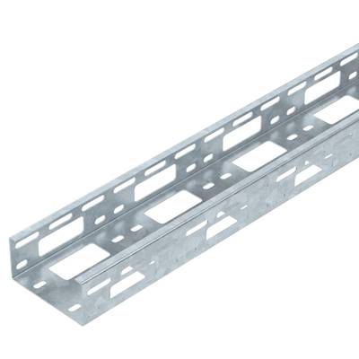Metalen railprofiel met rechthoekige en vierkante uitsparingen, gebruikt voor kabelbevestiging en installatie in elektrische systemen.