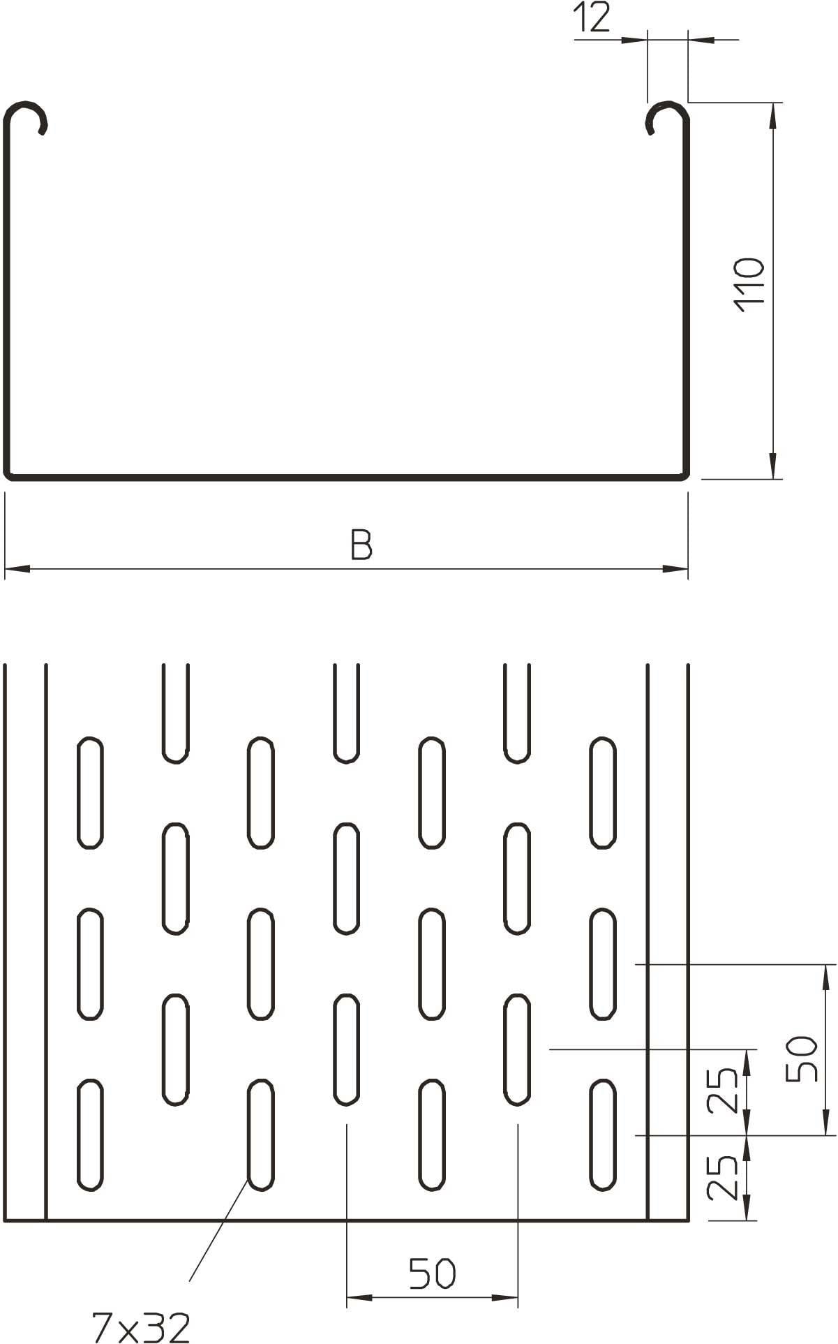 Technische tekening van een U-profiel met sleuven. Afmetingen: hoogte 110 mm, breedte B, sleuven 7x32 mm, hart-op-hart afstand en overige afmetingen aangegeven.