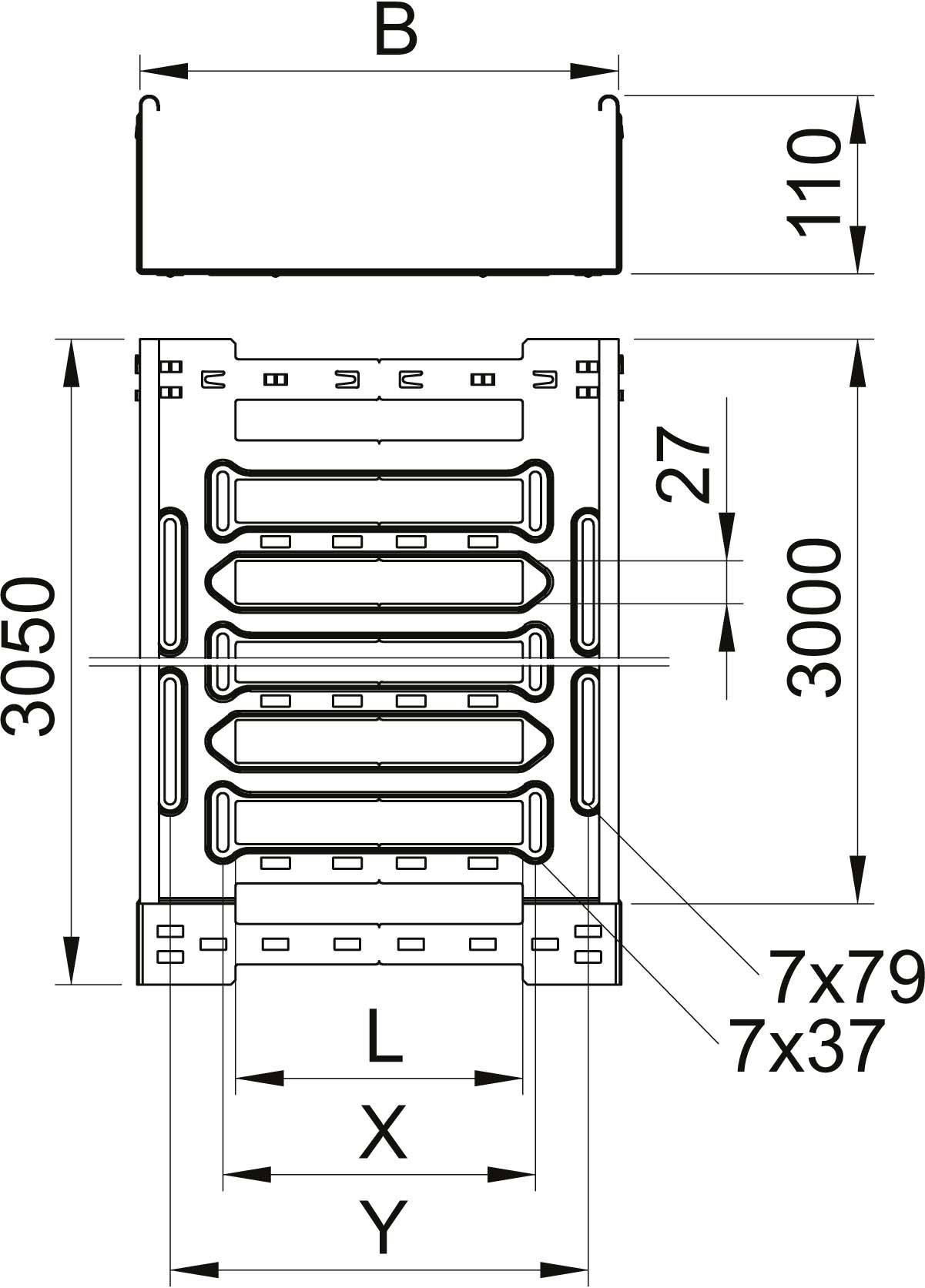 Technische tekening van een rek met afmetingen: Breedte (B) en hoogte (3050 mm). Schappen met specifieke afmetingen (7x79, 7x37).